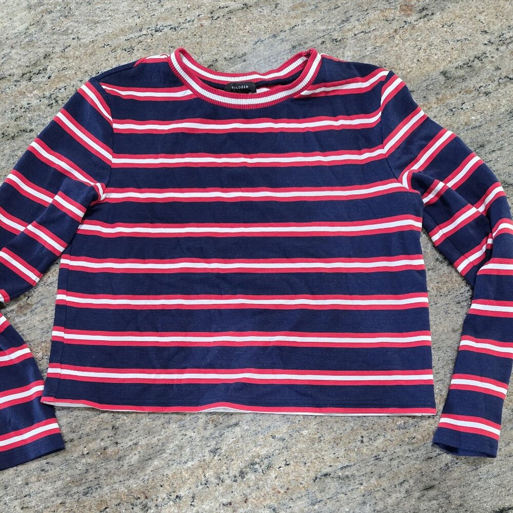 Halogen women's striped crop top cropped red white blue S long sleeve